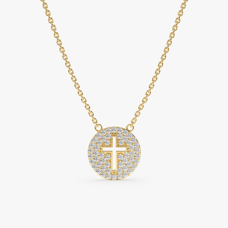 Yellow Gold Diamond Disc Cross Necklace