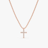 Rose Gold Natural Diamond paved mini cross pendant Necklace