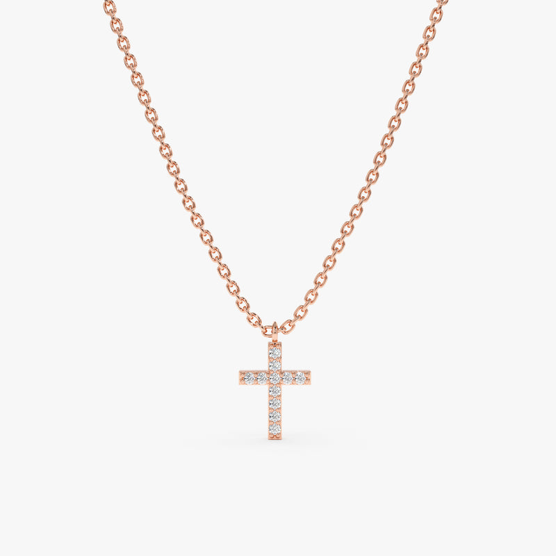 Rose Gold Natural Diamond paved mini cross pendant Necklace