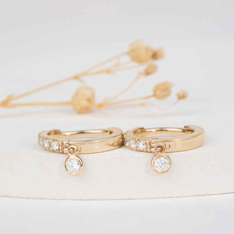 Pair of handmade dainty solid gold diamond lined hoop earrings for her