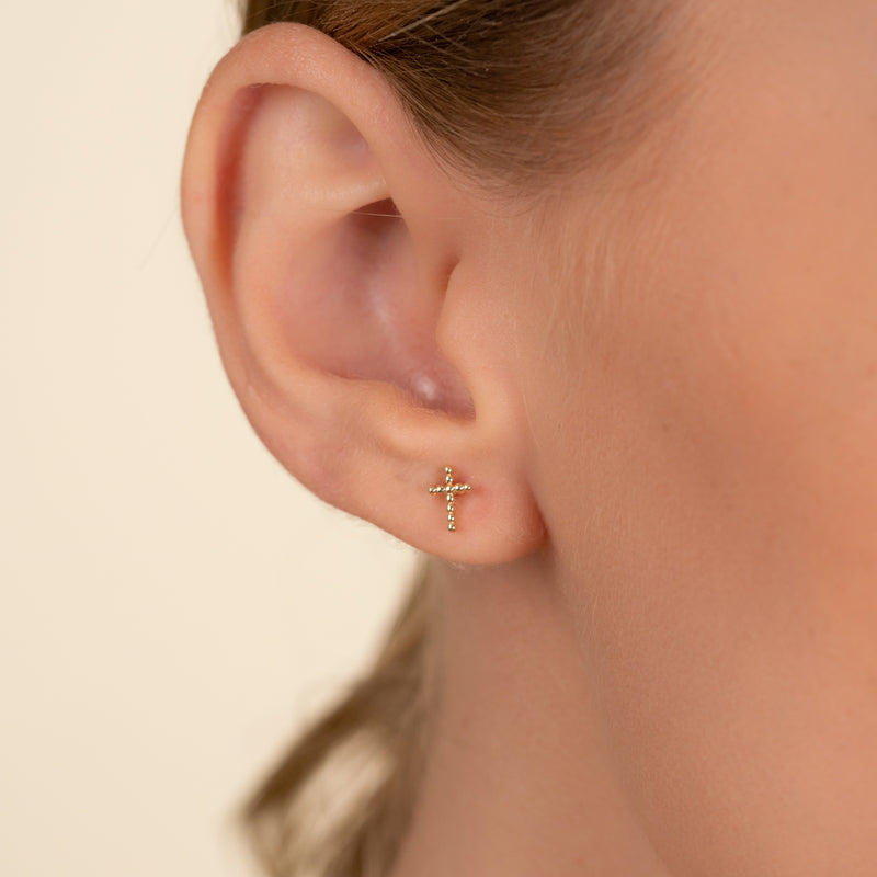 dainty Solid Gold Beaded Cross stud Earrings