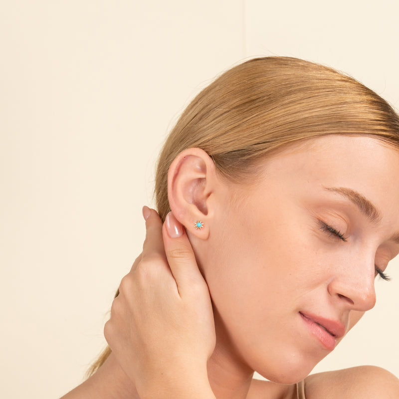 Natural Turquoise Sun stud Earrings in solid gold for her