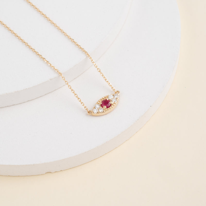 July Birthstone ruby and Diamond paved Evil Eye Necklace