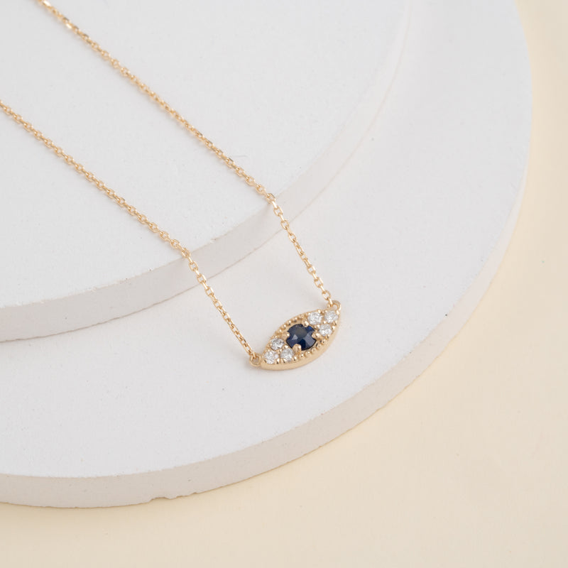 Yellow Gold blue sapphire Evil Eye Pendant Necklace