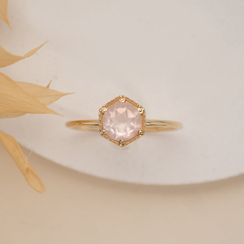 Hexagon Shape Rose Quartz Ring - SARAH ELISE