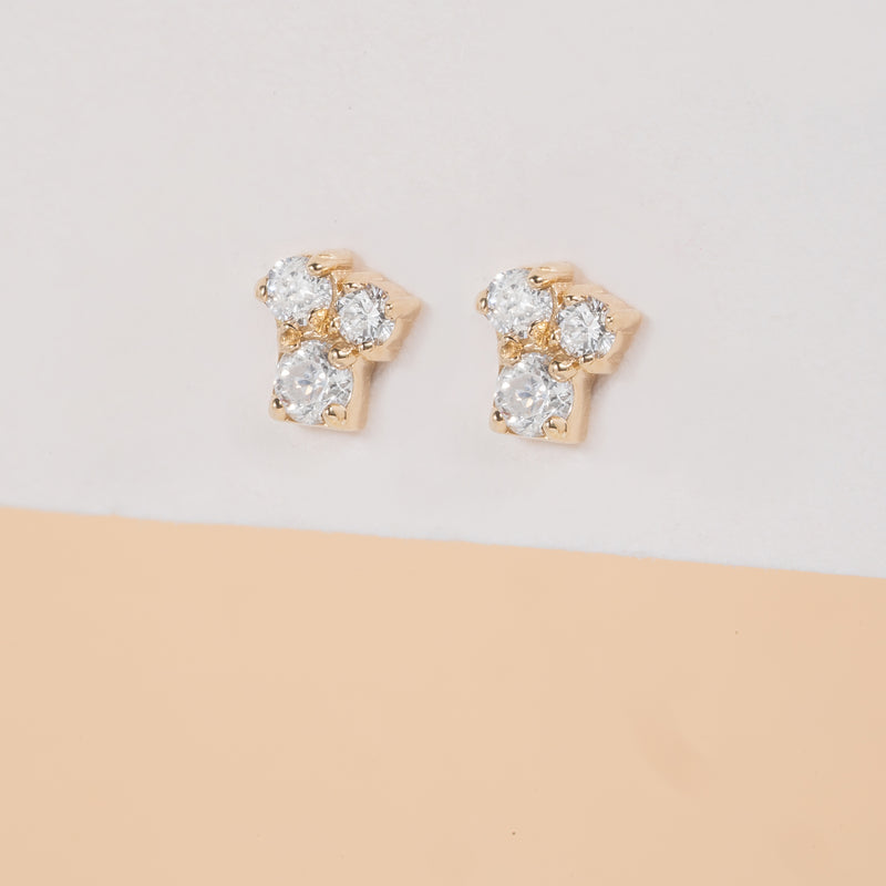 Handmade solid gold three Natural Diamond Cluster Studs