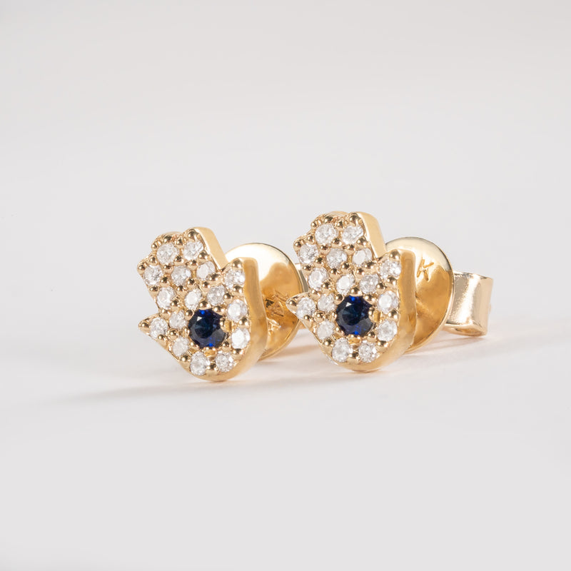 Dainty Blue Sapphire Diamond Hamsa Stud earrings in solid gold