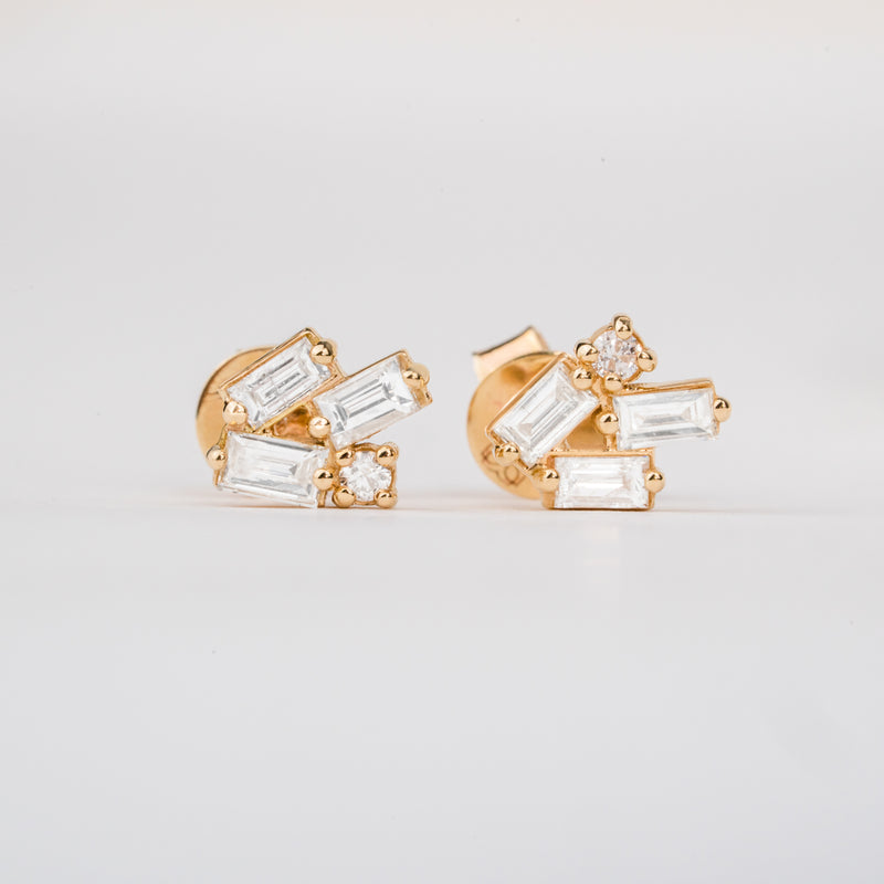 Petite Natural Diamond baguette cluster Gold Earrings for her