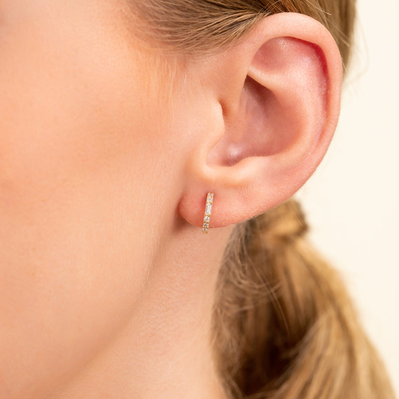 dainty Round and Baguette Diamond Gold huggie Earrings 
