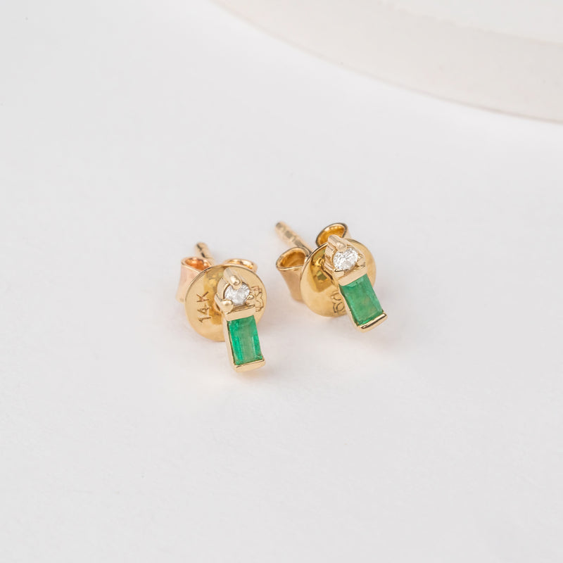 May Birthstone Emerald Earring studs with diamond in solid gold