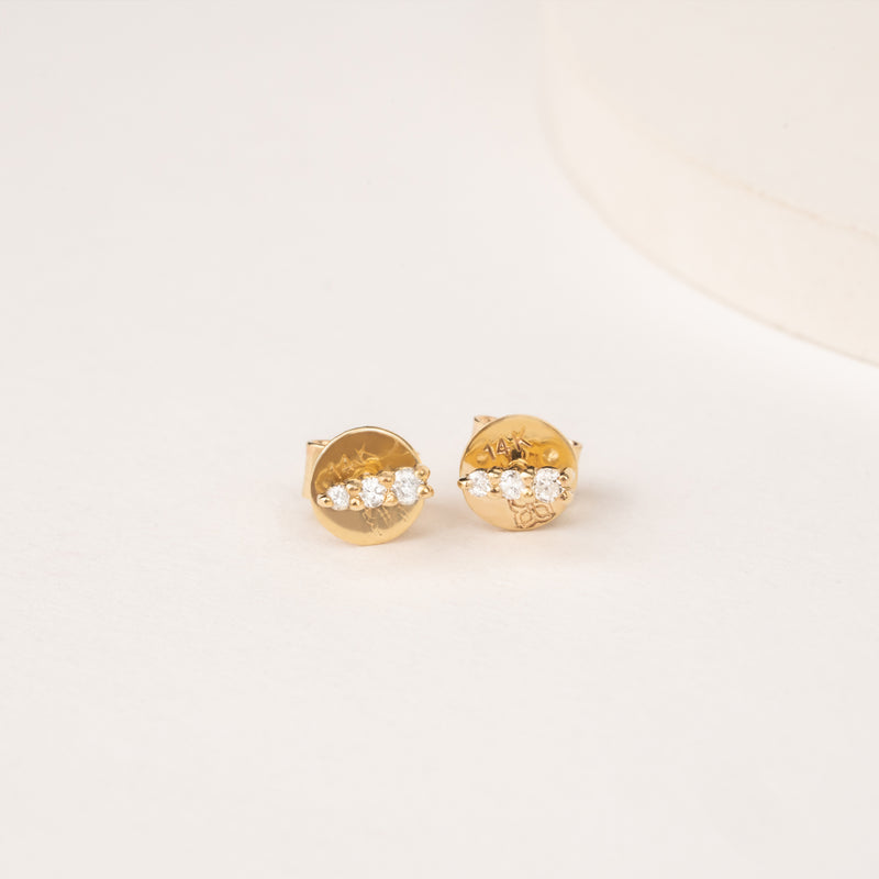 Diamond April Birthstone Gold spike Earrings with three diamonds