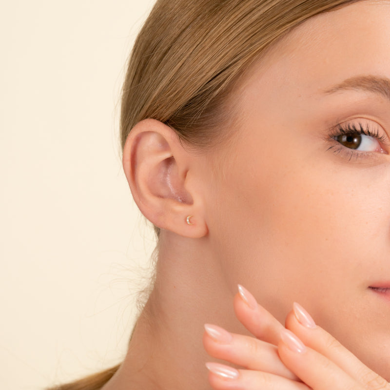 Mini Diamond Moon Stud Earrings in solid gold for her