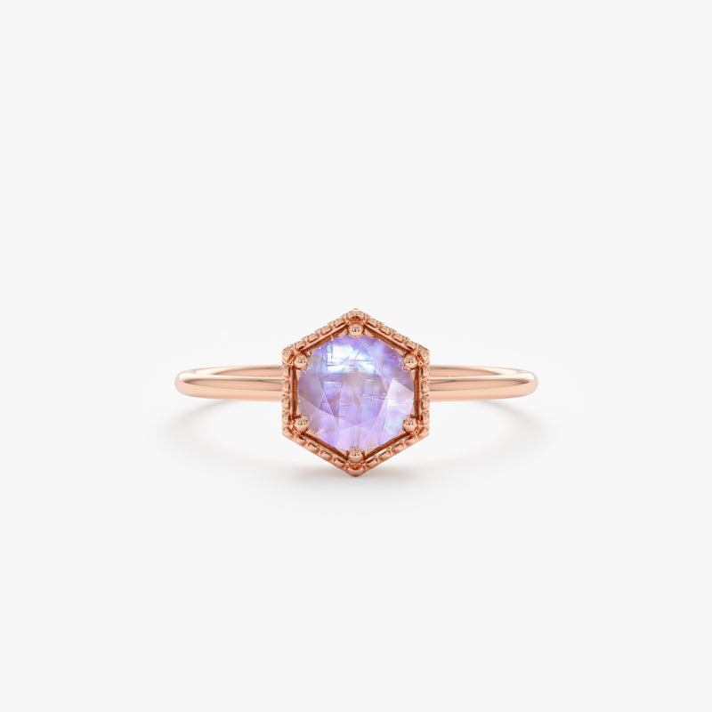 Rose Gold Hexagon Shape Moonstone Ring