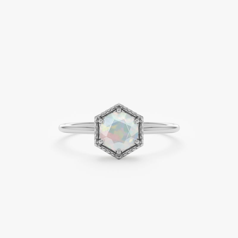 White Gold Hexagon Shape Opal Ring