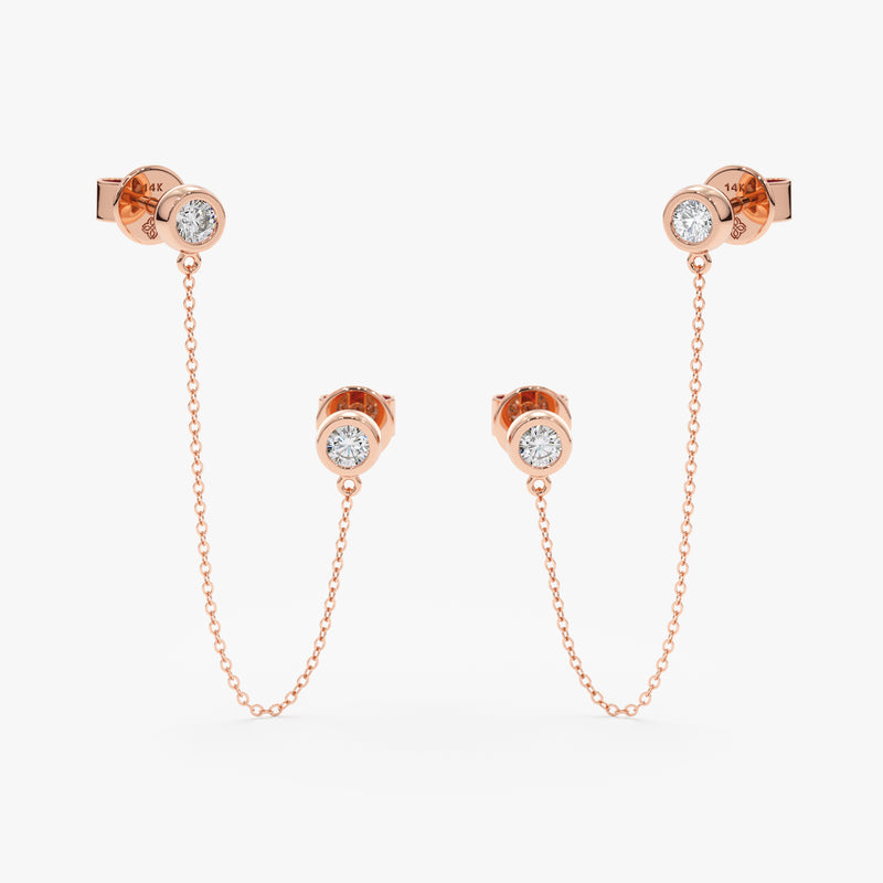 Pair of solid 14k Rose Gold Bezel Diamond Chain Earring studs