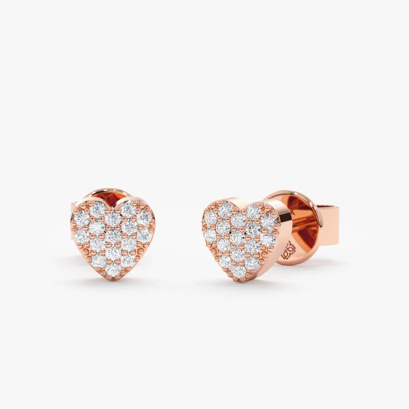 handmade 14k solid Rose Gold Pave Diamond Heart Studs