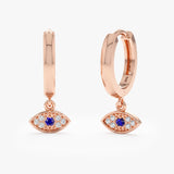 Handmade pair of 14k solid Rose Gold Diamond Pavé Evil Eye Huggies