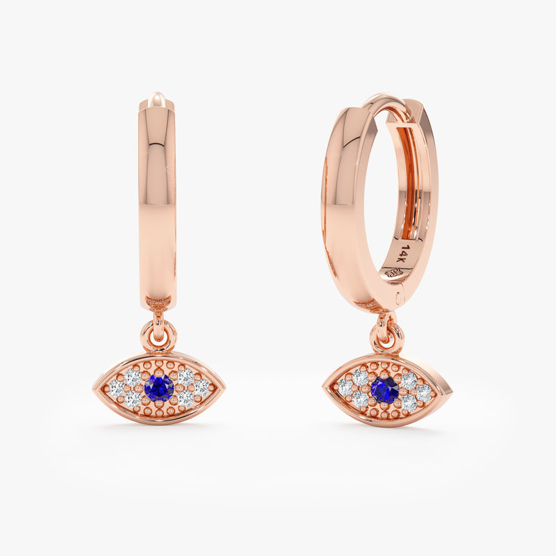 Handmade pair of 14k solid Rose Gold Diamond Pavé Evil Eye Huggies
