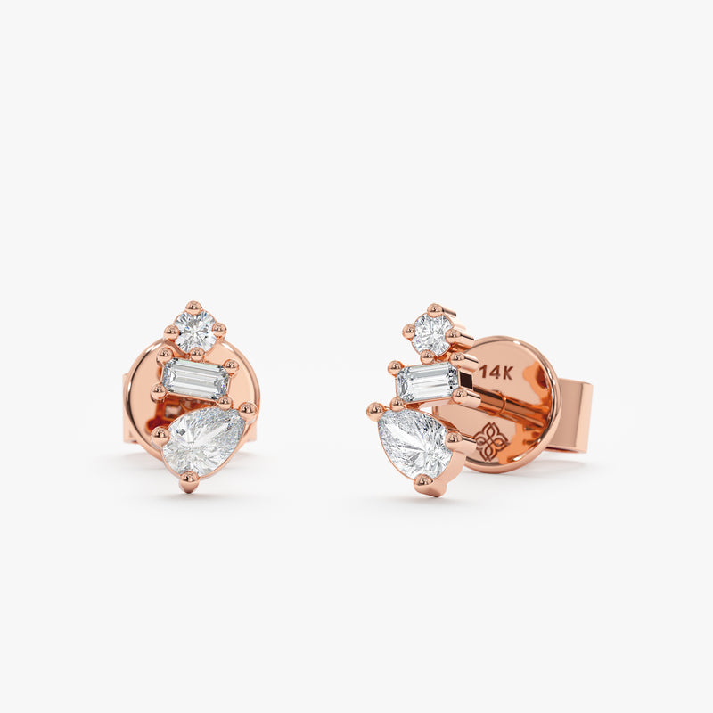 handmade pair of solid 14k Rose Gold Diamond Cluster Studs