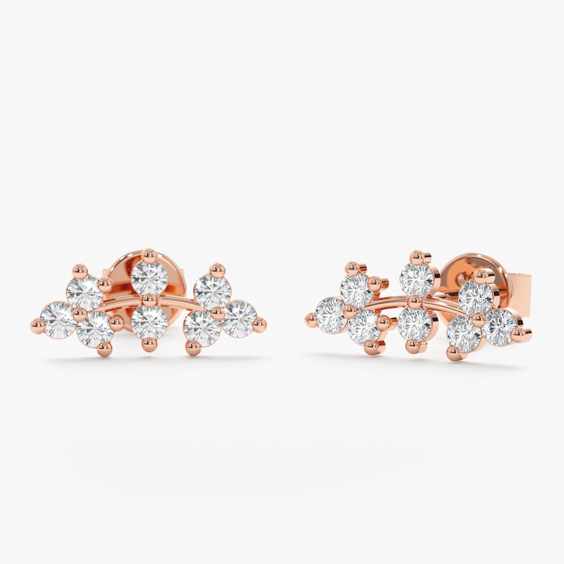 Handcrafted pair of solid Rose Gold Diamond Ear Climber studs in vine design 