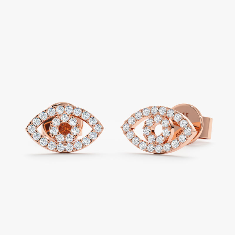 handcrafted pair of solid 14k Rose Gold paved Diamond Eye Studs
