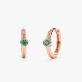 Pair of handcrafted 14k solid Rose Gold Emerald Huggies