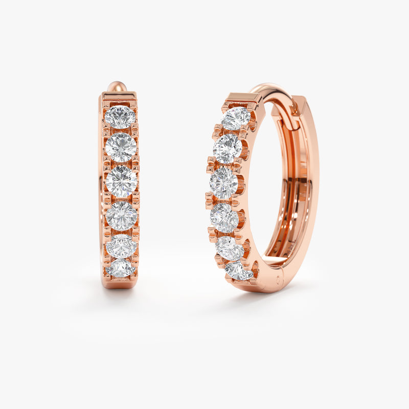 handmade pair of solid 14k rose gold diamond lined hoop huggies