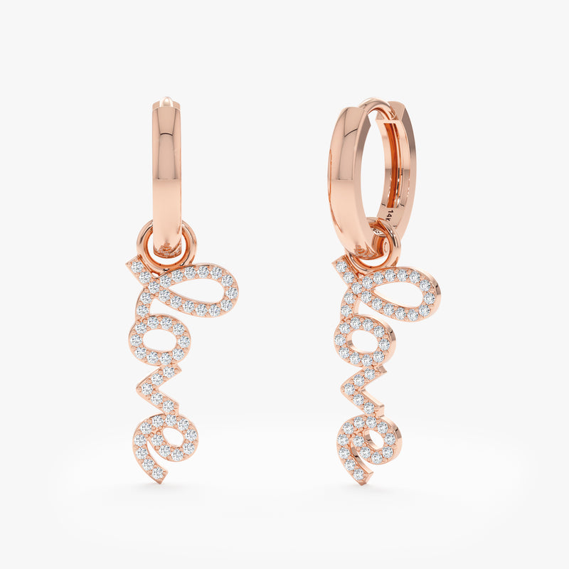 Pair of handmade solid 14k Rose Gold Dangling Love Huggie hoop Earrings