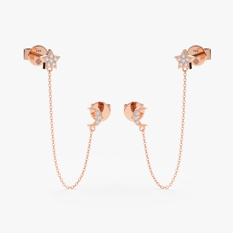 handmade pair of solid 14k rose gold moon and star stud earrings with hanging chain
