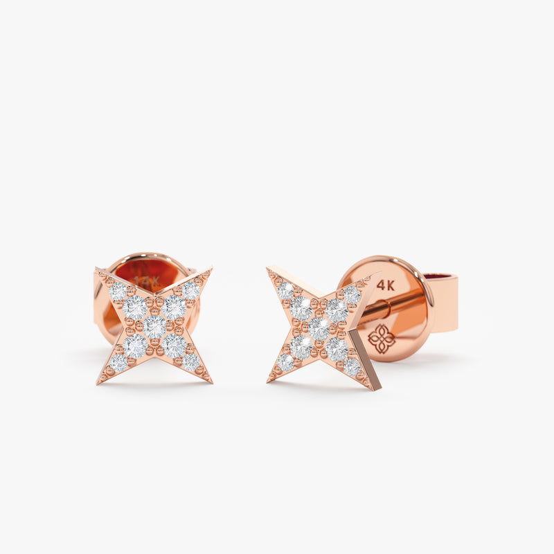 handmade solid 14k Rose Gold Diamond North Star Studs