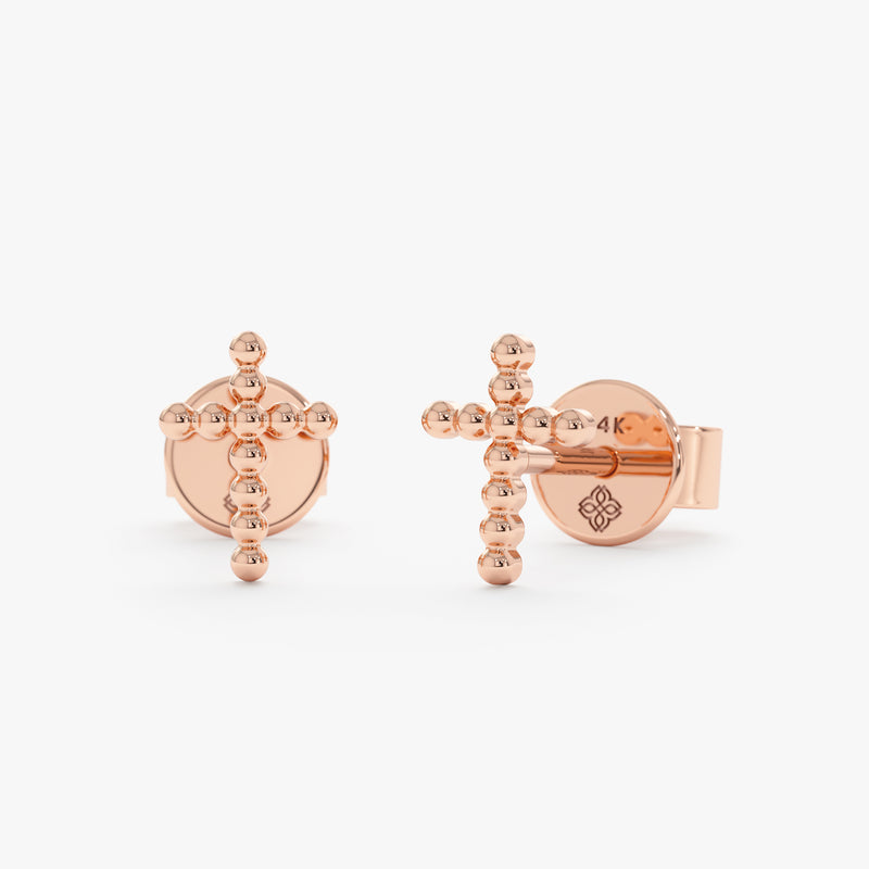 handmade solid 14k Rose Gold Beaded Cross stud Earrings