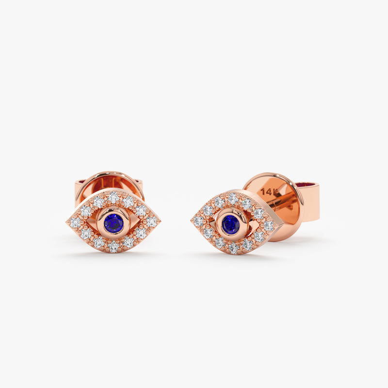 Rose Gold Diamond Sapphire Evil Eye Studs