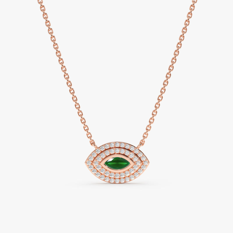 rose gold natural emerald stone and lined diamonds lucky eye pendant