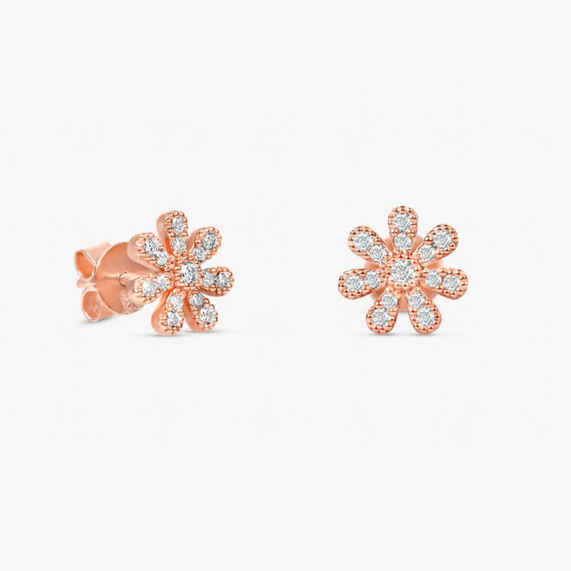 Handcrafted Solid 14k Rose Gold Flower Diamond Daisy Studs