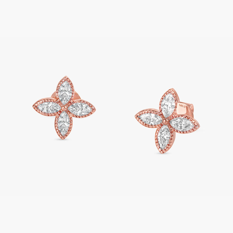 Handmade Solid 14k Rose Gold Four Diamond Marquise Clover Earring