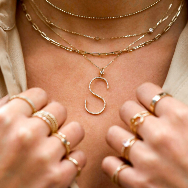 Sarah Elise Jewelry layering Necklaces with custom diamond letter charm