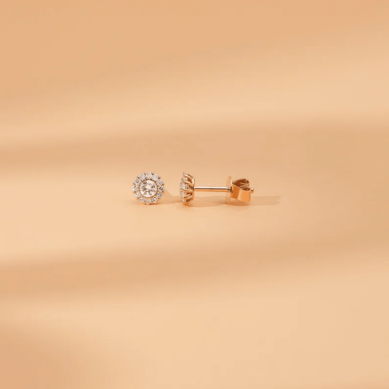 Side view of Solid 14k Gold Halo Diamond earring Studs