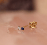 handmade double stone stud earring with blue sapphire and single diamond gift for her