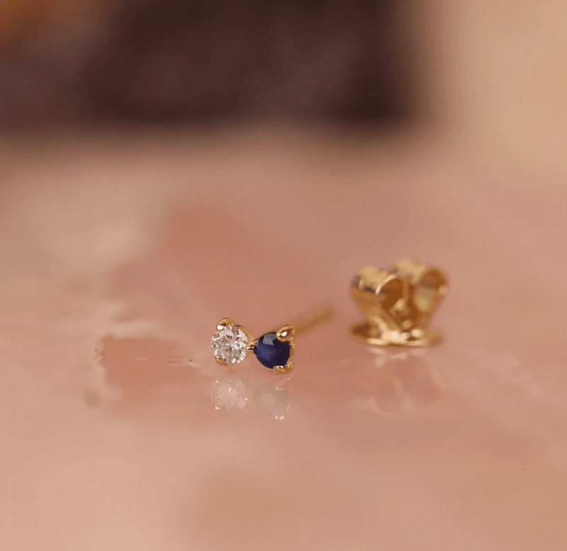 handmade double stone stud earring with blue sapphire and single diamond gift for her