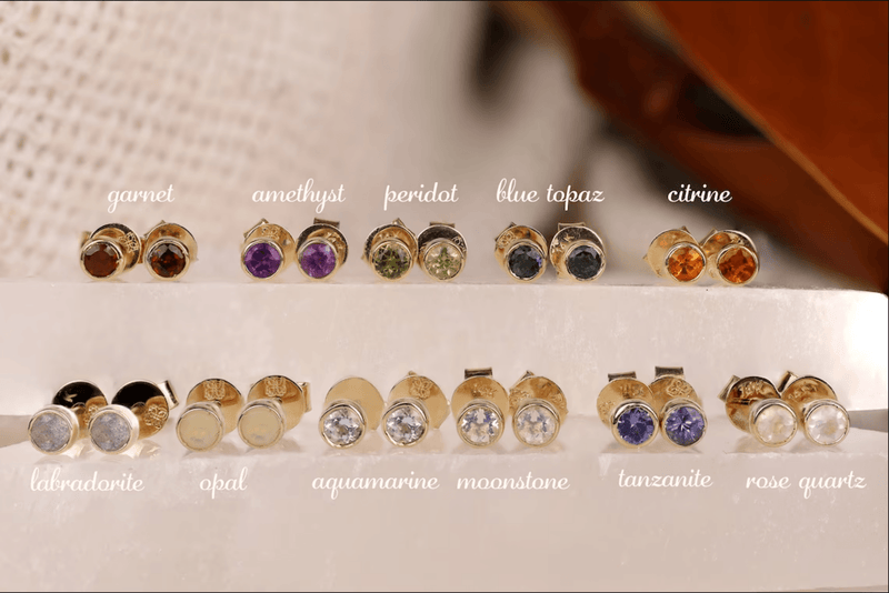 Natural Birthstone Bezel Stud Earrings in solid gold