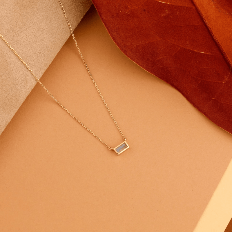 Baguette cut natural Labradorite Necklace in solid gold 
