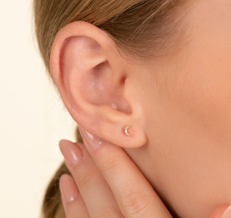 Solid Gold Natural Diamond Moon stud Earrings