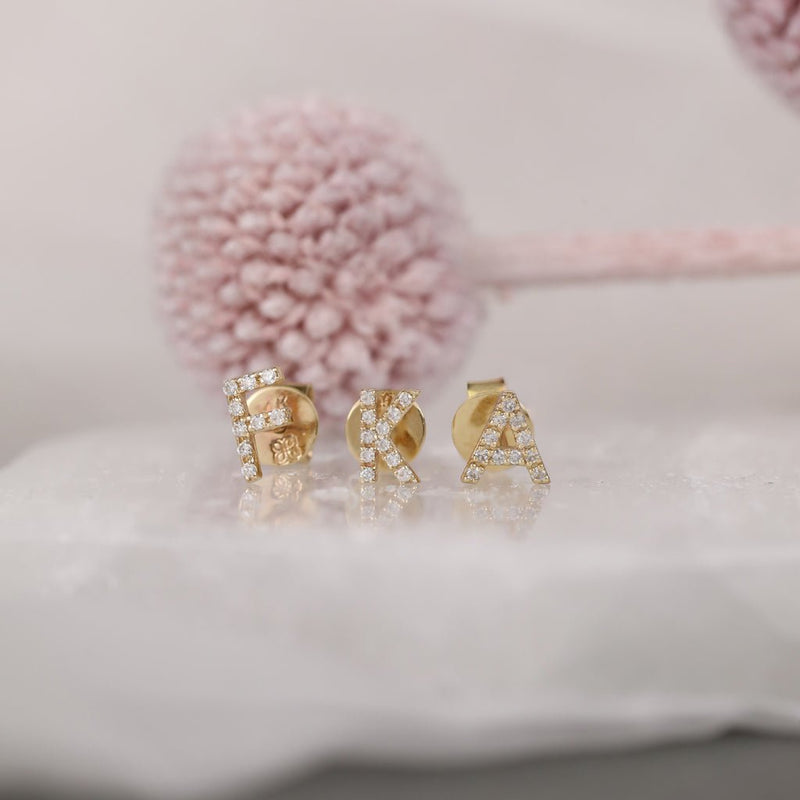 handmade Solid Gold capital letter Diamond Earrings