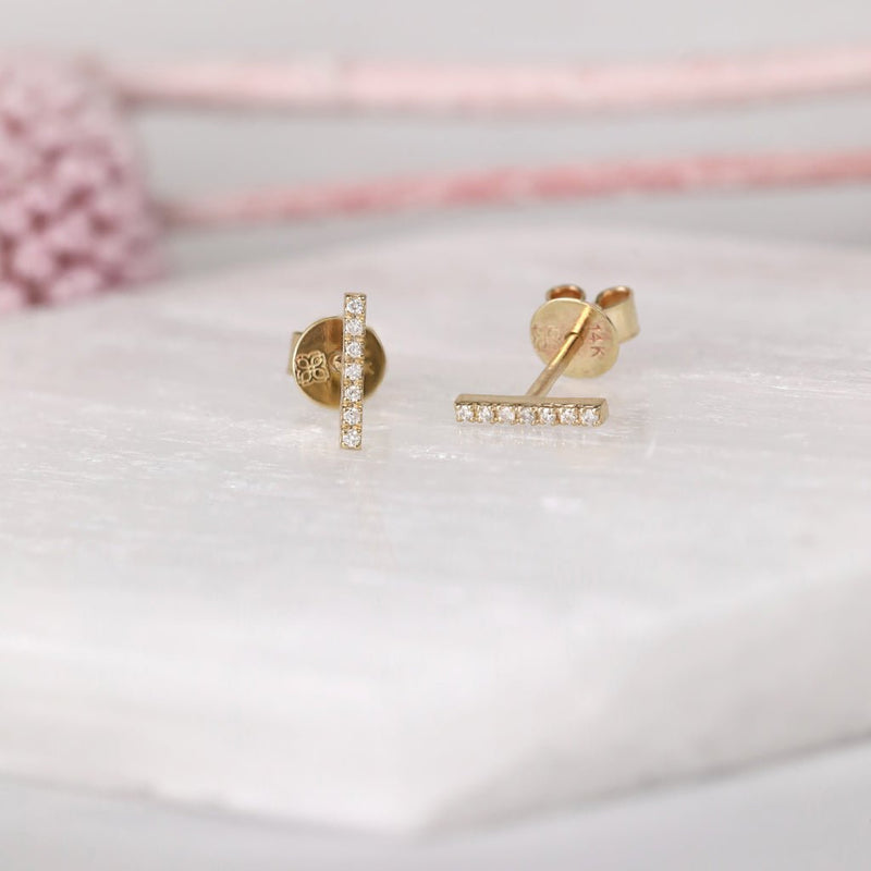 Yellow Gold Bar Earrings with lined Diamonds for her
