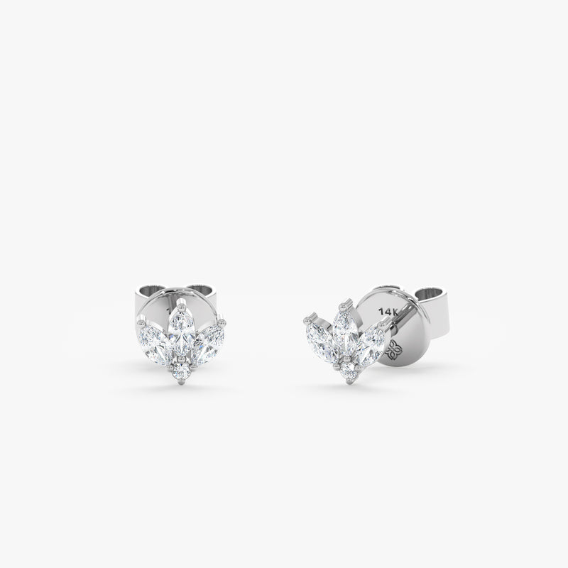 Handcrafted pair of solid 14k White Gold Marquise Diamond Studs