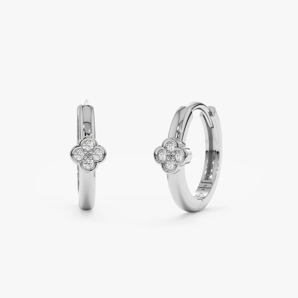 handmade pair of solid 14k White Gold Diamond Clover hoop huggies