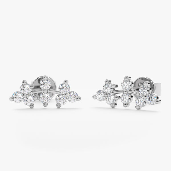 handcrafted solid 14k white gold ear climber studs with vine design in multiple diamonds
