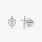 handcrafted pair of solid 14k White Gold Beaded Cross stud Earrings