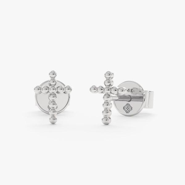 handcrafted pair of solid 14k White Gold Beaded Cross stud Earrings