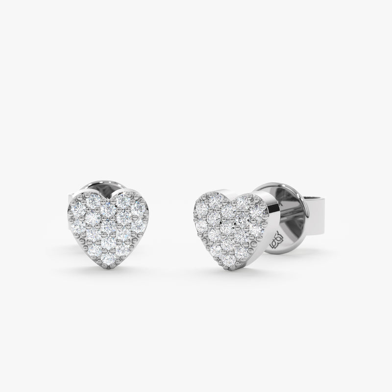 handcrafted solid 14k White Gold Pave Diamond Heart Studs